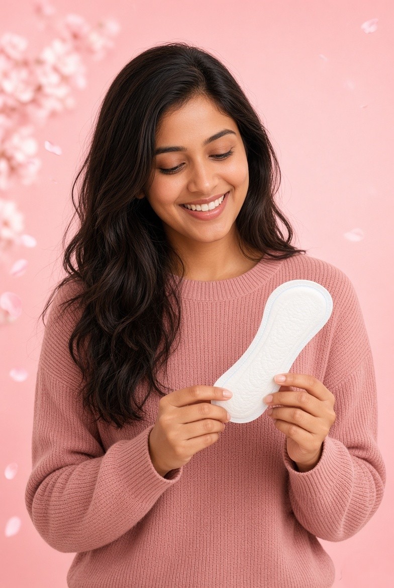 Woman holding a Happy Moments sanitary pad